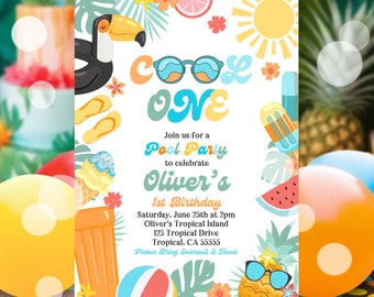 EDITABLE Cool One Birthday Party Invitation Tropical Splish Splash Summer Boy's 1st Birthday Party Pool Party Birthday Instant Download PZ