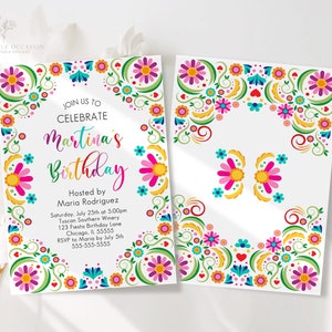 Puede incluir: Una invitación colorida con un borde floral. La invitación dice "Únete a nosotros para celebrar el cumpleaños de Martina" e incluye detalles sobre el evento, incluida la fecha, la hora, la ubicación y la información de RSVP.