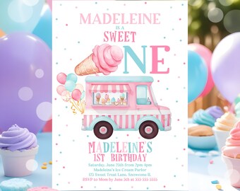 Editable Ice Cream Truck Birthday Invitation Ice Cream Sweet One 1st Party Invitation Sweet One Ice Cream Birthday Party Instant Downloa C3D