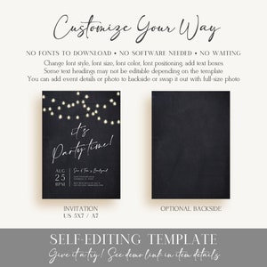 Peut inclure: Mod&egrave;le de faire-part num&eacute;rique avec un fond de style tableau noir. Le recto pr&eacute;sente le texte "It's Party Time!" avec les d&eacute;tails de l'&eacute;v&eacute;nement. Le verso est noir uni. Le texte "Customize Your Way" est en haut.