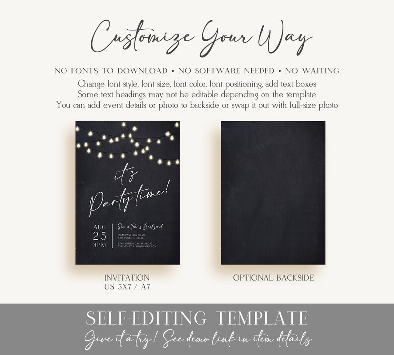 Peut inclure: Mod&egrave;le de faire-part num&eacute;rique avec un fond de style tableau noir. Le recto pr&eacute;sente le texte "It's Party Time!" avec les d&eacute;tails de l'&eacute;v&eacute;nement. Le verso est noir uni. Le texte "Customize Your Way" est en haut.