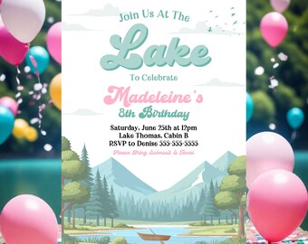 Girl's Lake Birthday Party Invitation Template Girly Boat Lake Birthday Party Summer Lake Water Party Join Us At The Lake Party Invite L2B