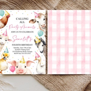 Editable Calling All Party Animals Farm Girl Birthday Invitation Pink Farm Birthday Party Invite Farm Animals Birthday Invitation Canva