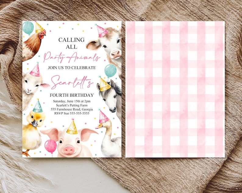 Editable Calling All Party Animals Farm Girl Birthday Invitation Pink Farm Birthday Party Invite Farm Animals Birthday Invitation Canva