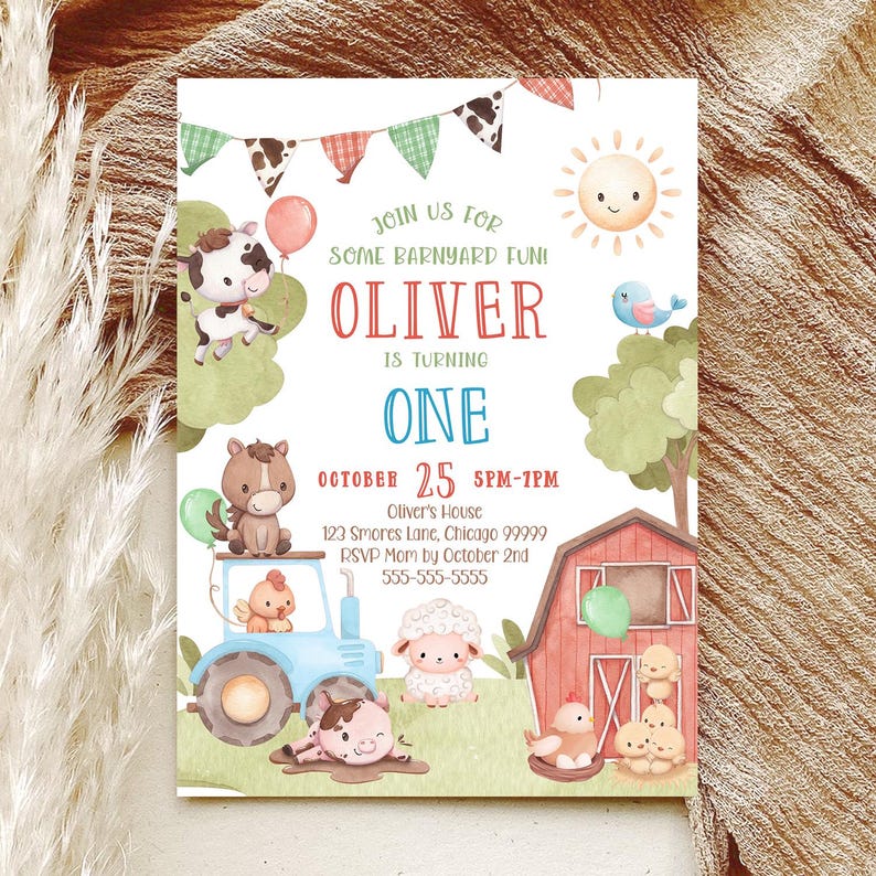 Editable Farm Animal 1st Birthday Invitation Boy Farm First Birthday ...