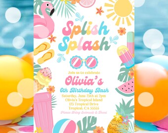 EDITABLE Tropical Splish Splash Water Birthday Party Invitation Girly Splash Pad Water Slide Paddling Pool Summer Party Instant Download P4