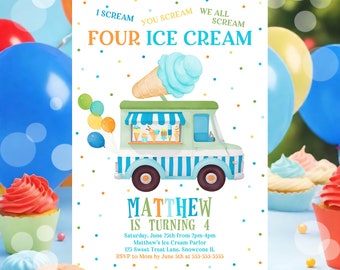 Editable Ice Cream Truck Birthday Invitation I scream You Scream We All Scream Four Ice Cream 4th Birthday Party Invite Instant Download C3E