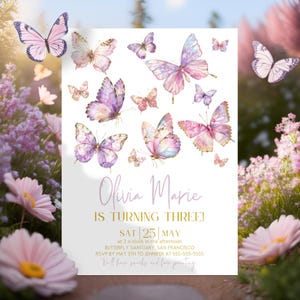 Purple Butterfly Invitation Modern Butterfly Birthday Invite Pink Butterfly Party Butterflies Birthday Theme  Editable Canva Template BT1