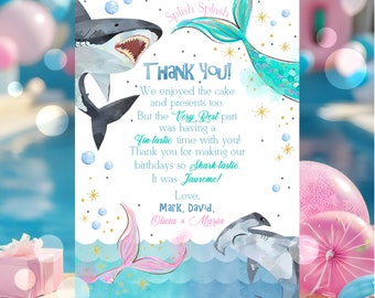 EDITABLE Sharks and Mermaids Printable Thank You Card, Sharks and Mermaids Thank You, Brother Sister Joint Sibling, Instant Download SH3