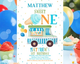 Editable Ice Cream Truck Birthday Invitation Ice Cream Sweet One 1st Party Invitation Sweet One Ice Cream Birthday Party Instant Downloa C3E