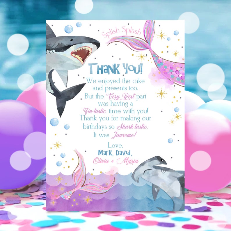 EDITABLE Sharks and Mermaids Printable Thank You Card, Sharks and Mermaids Thank You, Brother Sister Joint Sibling, Instant Download SH1 image 2