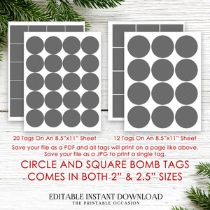 May include: Two sheets of printable tags, one with 20 gray circles and squares, the other with 12 gray circles and squares. Text reads "CIRCLE AND SQUARE BOMB TAGS" and "COMES IN BOTH-2" & 2.5" SIZES". The sheets are 8.5" x 11".