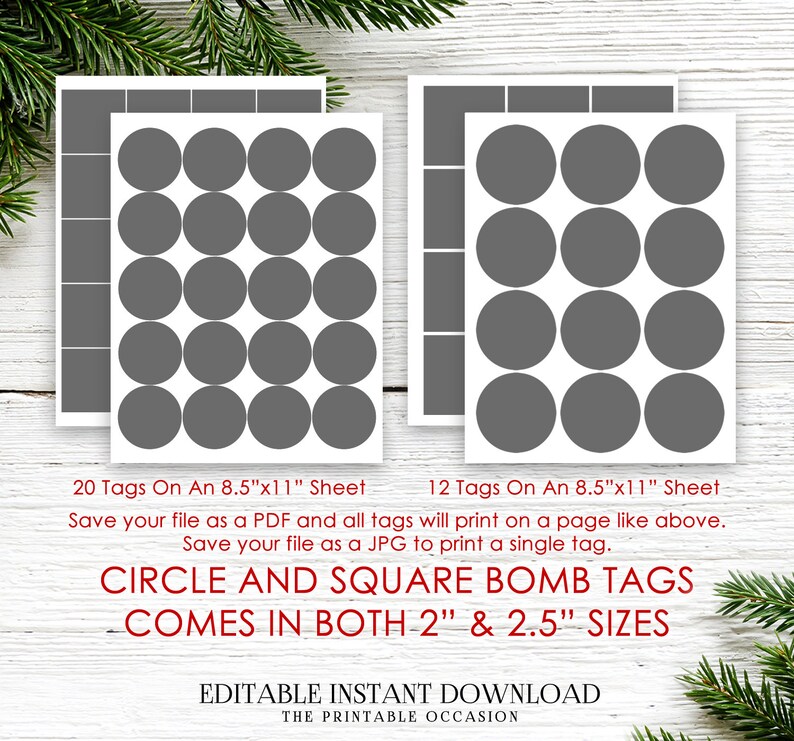 May include: Two sheets of printable tags, one with 20 gray circles and squares, the other with 12 gray circles and squares. Text reads "CIRCLE AND SQUARE BOMB TAGS" and "COMES IN BOTH-2" & 2.5" SIZES". The sheets are 8.5" x 11".