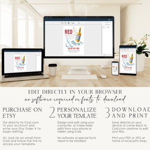 Puede incluir: Una maqueta digital de una invitaci&oacute;n imprimible para una fiesta del 4 de julio. La invitaci&oacute;n presenta un esquema de color rojo, blanco y azul con una botella de cerveza y el texto "Red, White & Brews 4th of July BBQ". El texto "Edit Directly in Your Browser, no software required or fonts to download" se muestra debajo de la invitaci&oacute;n.