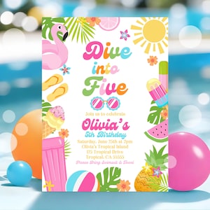 EDITABLE Dive Into Five 5th Birthday Party Invitation Tropical Summer Splish Splash Girly Pool Birthday Party Instant Download P5 image 1