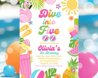 EDITABLE Dive Into Five 5th Birthday Party Invitation Tropical Summer Splish Splash Girly Pool Birthday Party Instant Download P5