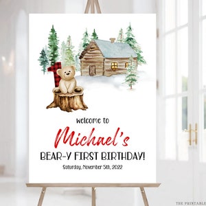 Bear Welcome Sign, Beary 1st Birthday Welcome Sign, Baby First Birthday, 1st Birthday Sign, Red Bear Welcome Sign, Beary First Birthday BR1 image 1