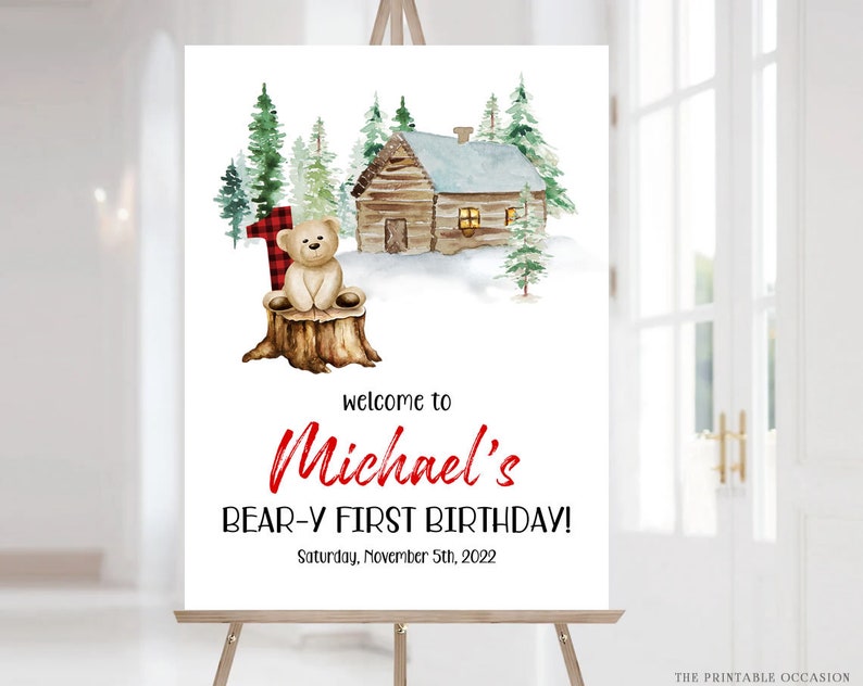 Bear Welcome Sign, Beary 1st Birthday Welcome Sign, Baby First Birthday, 1st Birthday Sign, Red Bear Welcome Sign, Beary First Birthday BR1 image 1