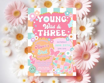 Editable Young Wild And Three Checkered Smiley Face Birthday Invite Groovy Retro Third Birthday Emoji Canva Invitation Girl 3rd Birthday TW3