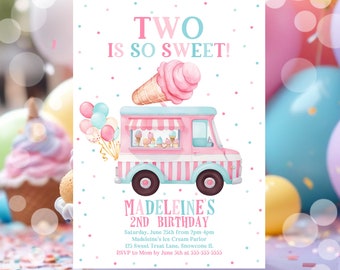 Editable Ice Cream Truck Birthday Invitation Ice Cream Two Is So Sweet 2nd Birthday Party Ice Cream Truck 2nd Birthday Instant Download C3D