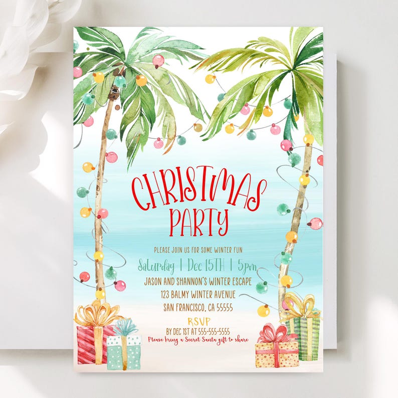 The Printable Occasions offers custom wedding birthday and baby shower templates for every celebration. Christmas In July Invitation editable in Corjl featuring watercolor palm trees decorated with colorful lights and beach presents perfect for tropical holiday parties secret santa gatherings and coastal celebrations editable digital template easy to customize with your party details download unlimited times to print or share instantly.