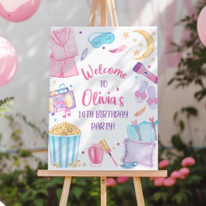 Editable Sleepover Birthday Welcome Sign Slumber Party Welcome Poster Pajamas Movie Night Popcorn Sleepover Party Welcome Sign Template SO1