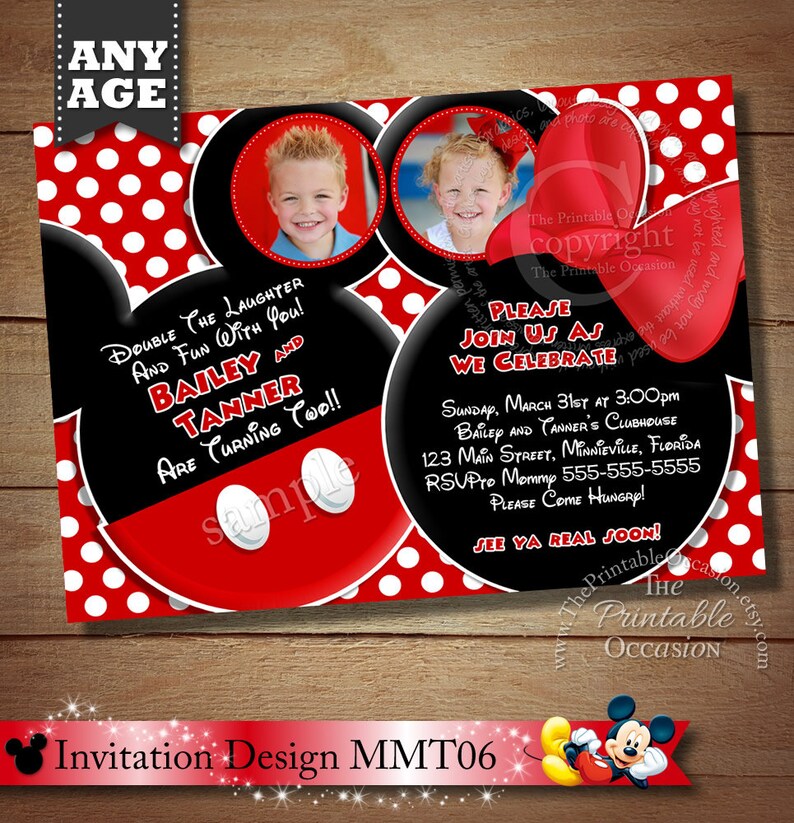 Mickey Mouse Minnie Mouse Invitations For Twins SAME DAY SVC Mickey Mouse Invitation For Twins Siblings Invitaiton