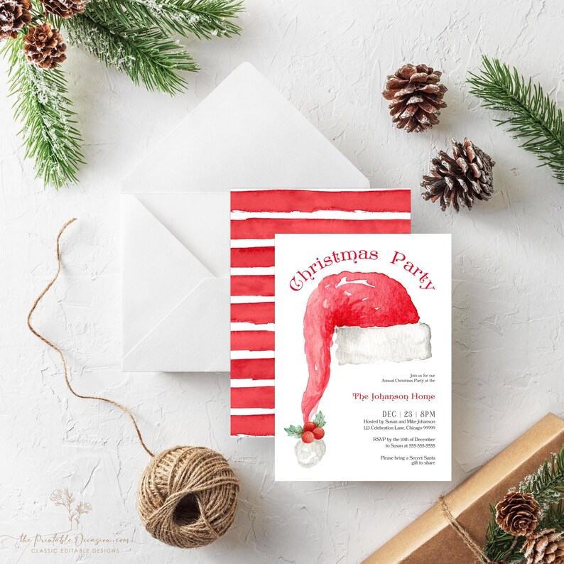 Editable Christmas Party Invitation Template Santa Hat - Etsy