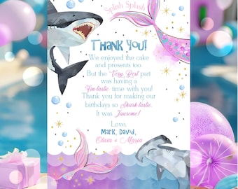 EDITABLE Sharks and Mermaids Printable Thank You Card, Sharks and Mermaids Thank You, Brother Sister Joint Sibling, Instant Download SH1