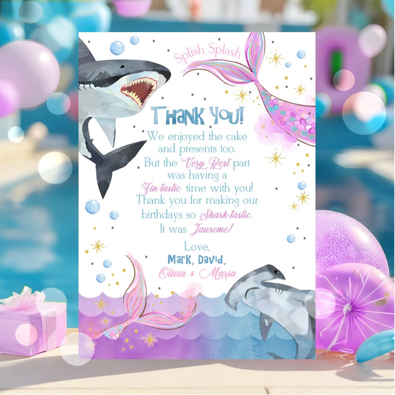 EDITABLE Sharks and Mermaids Printable Thank You Card, Sharks and Mermaids Thank You, Brother Sister Joint Sibling, Instant Download SH1 image 1