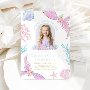 Mermaid 4th Birthday Photo Invitation Pink Purple Teal Editable Let's Shellabrate Fourth Birthday Invite Template Pastel Mermaid Canva FM1