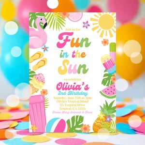 EDITABLE Fun In The Sun Birthday Party Invitation Tropical Summer Splish Splash Girly Pool Birthday Party Instant Download P5 image 5