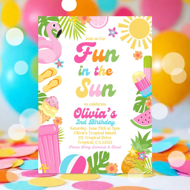 EDITABLE Fun In The Sun Birthday Party Invitation Tropical Summer Splish Splash Girly Pool Birthday Party Instant Download P5 image 5