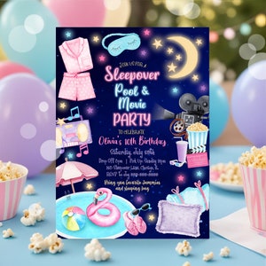 Editable Sleepover Birthday Invite Slumber Pool Party Birthday Invitation Girl Movie Night Tween Teen Glow Digital Download Template SO3