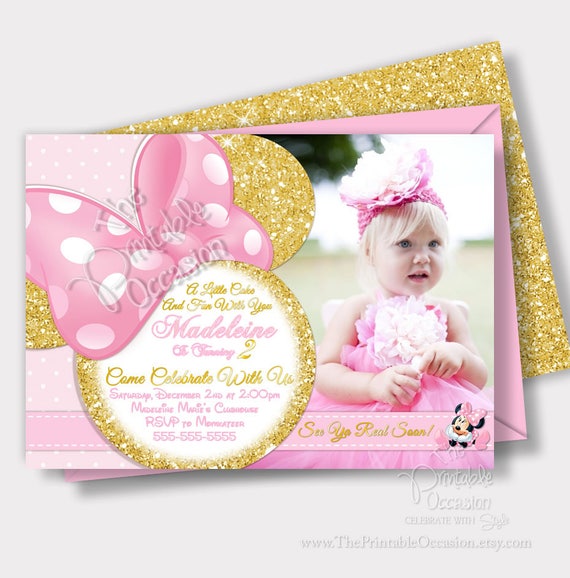 Same Day Svc Minnie Mouse Pink And Gold Invitations Light Pink And