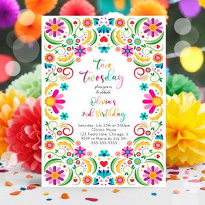 Editable Taco Twosday Fiesta Birthday Invitation Second Birthday 2nd Floral Mexican Tacos Girl Cactus Download Corjl Template Printable FE1