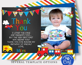 EDITABLE Transportation Thank You Card, Transportation Birthday, Cars Trucks Planes Thank You Transportation Party Instant Download T1