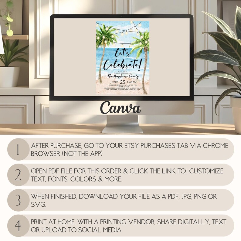 Set the vibe for a laid-back beach party with this editable tropical summer celebration invitation! Featuring palm trees, ocean waves, and string lights, this watercolor beach BBQ invite is perfect for a family gathering, summer cookout, bonfire party, or coastal birthday celebration. Whether you're hosting a grill and chill beach bash, a sunset bonfire, or a tropical luau, this stylish design captures the relaxed, fun atmosphere.