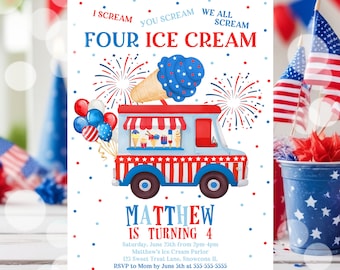 4th of July Birthday Invitation Ice Cream Birthday Invitation Patriotic Ice Cream Birthday Invite 4th of July Ice Cream Invitation P2 P1