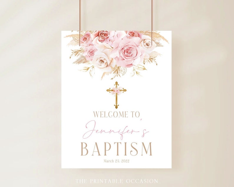 Dusty Pink Baptism Welcome Sign Template Gold Cross Pampas Grass Welcome Sign Printable Blush Pink Boho Baptism Welcome Pink Floral PG1 image 1