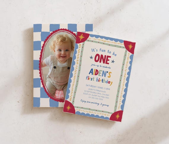 Editable Fun To Be One Birthday Invitation Vintage Hand Drawn First Birthday Invite Retro Colorful 1st Birthday Canva Invitation Template V2