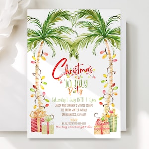 Tropical Christmas Invitation Christmas In July Invitation Tropical Christmas Party Printable Holiday Invitation Palm Tree Beach Corjl TC1