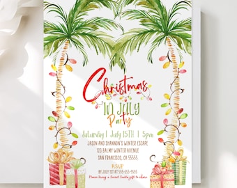 Tropical Christmas Invitation Christmas In July Invitation Tropical Christmas Party Printable Holiday Invitation Palm Tree Beach Corjl TC1