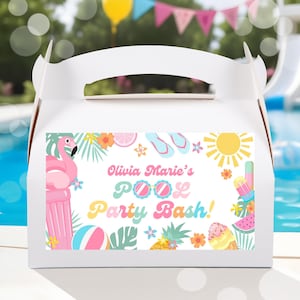 Editable Pool Party Gable Box Labels Pastel Tropical Splish Splash Girl Pool Party Summer Swimming Pool Splash Pad Party Instant Download P4