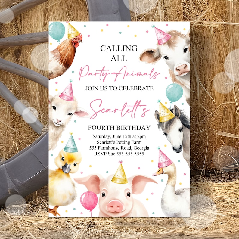 Editable Calling All Party Animals Farm Girl Birthday Invitation Pink Farm Birthday Party Invite Farm Animals Birthday Invitation Canva