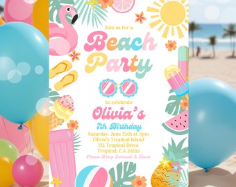 EDITABLE Beach Birthday Party Invitation Tropical Splish Splash Girly Beach Party Invite Summer Party At The Beach Instant Download P4
