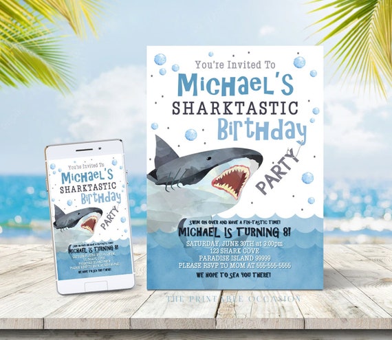 EDITABLE Shark Birthday Invitation Sharks Attack Party Invite Under The ...