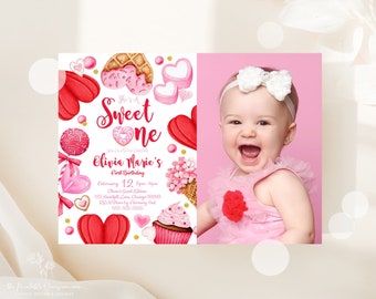 Valentines Day Birthday Photo Invitation, Sweet One First Birthday Party Invitation, Photo Pink Red Hearts Sweetheart Instant Download VD2