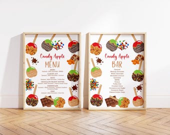 Menu baru z karmelowymi jabłkami Edytowalny znak baru z cukierkowymi jabłkami Jesienna stacja z karmelowymi jabłkami Wydrukuj menu Szablon Canva Cyfrowe pobieranie CA3