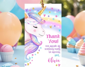 Unicorn Birthday Party Favor Tags Canva Printable Gift Label Magical Rainbow Theme Unicorn Thank You Unicorn Sticker Birthday Decoration UN1